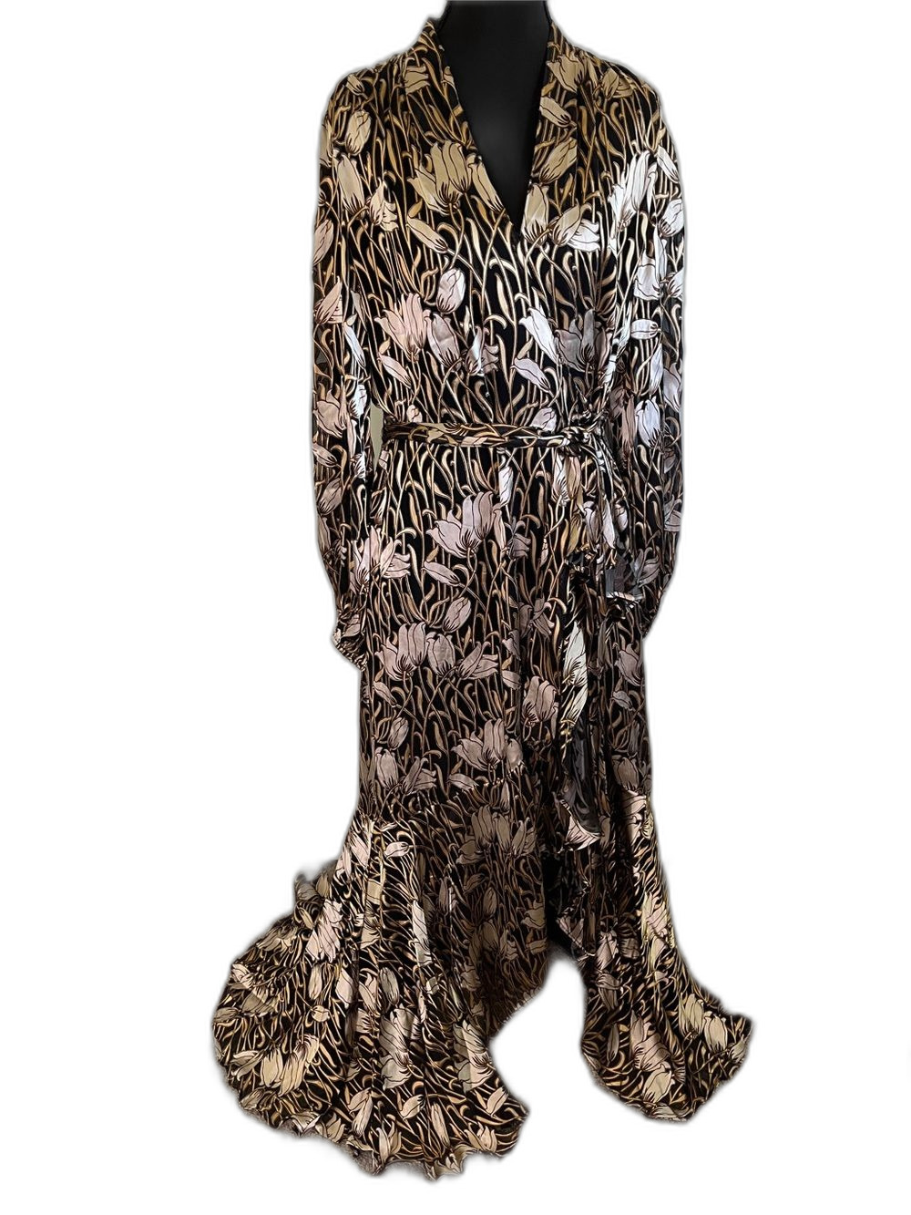 Banana Republic Fiori Ruffle Wrap Silk Blend Maxi Dress Dark Floral Gold Large